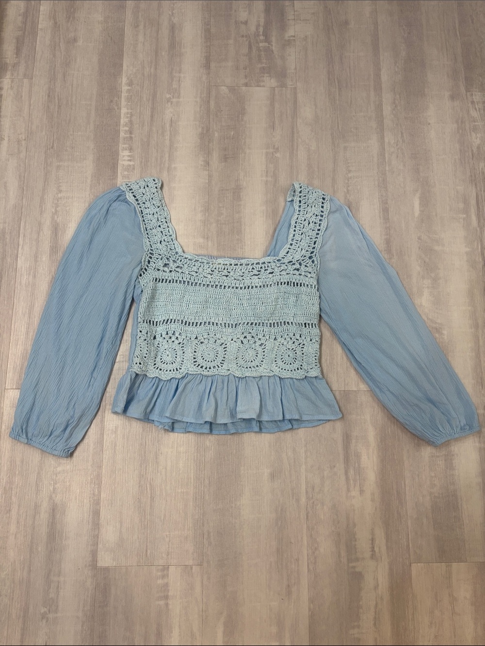 Light Blue Crochet-Front Peasant Blouse with Sheer Bishop Sleeves